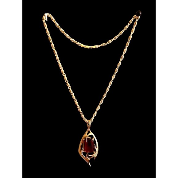 Vintage Pendant Neckless Sarah Coventry Topaz Amber Glass Gold Tone Molten Flame - Picture 11 of 11